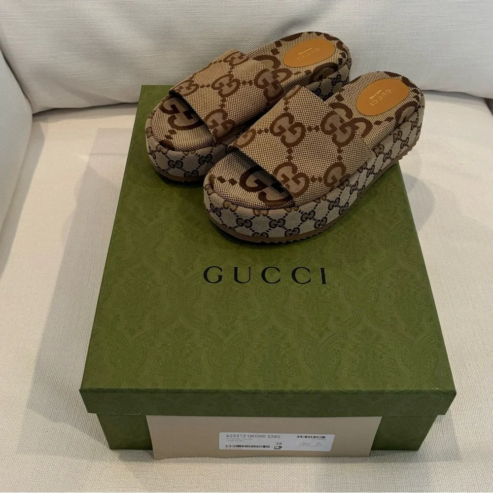 Gucci Brown Monogram Slides - Picture 2 of 9